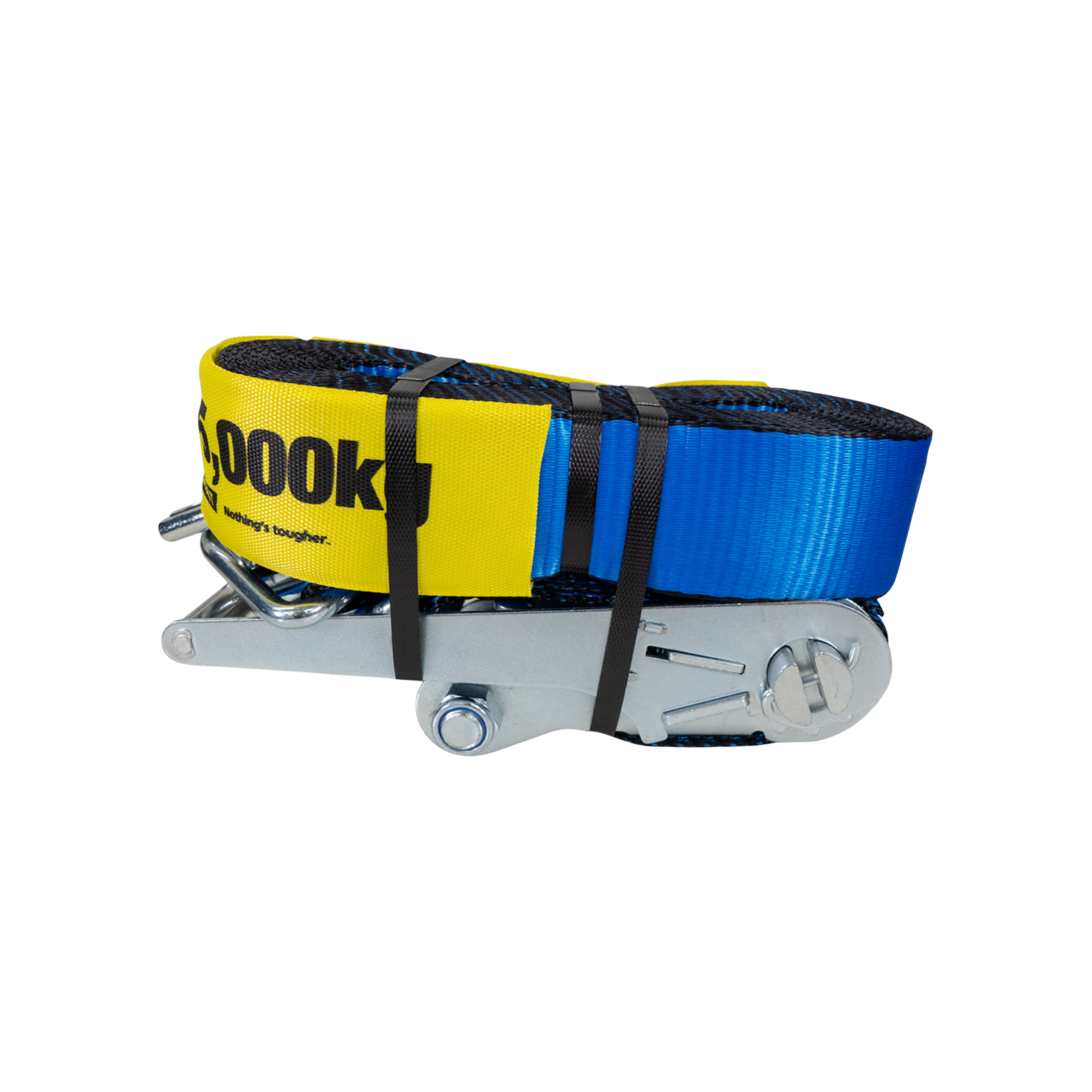GRUNT 75mm x 10m Blue and Yellow Extreme Heavy Duty Ratchet Tie Down – maximum-strength extra-wide ratchet strap for securing excavators, machinery, and heavy plant. Top-of-range load restraint. Available at Bunnings AU and NZ.