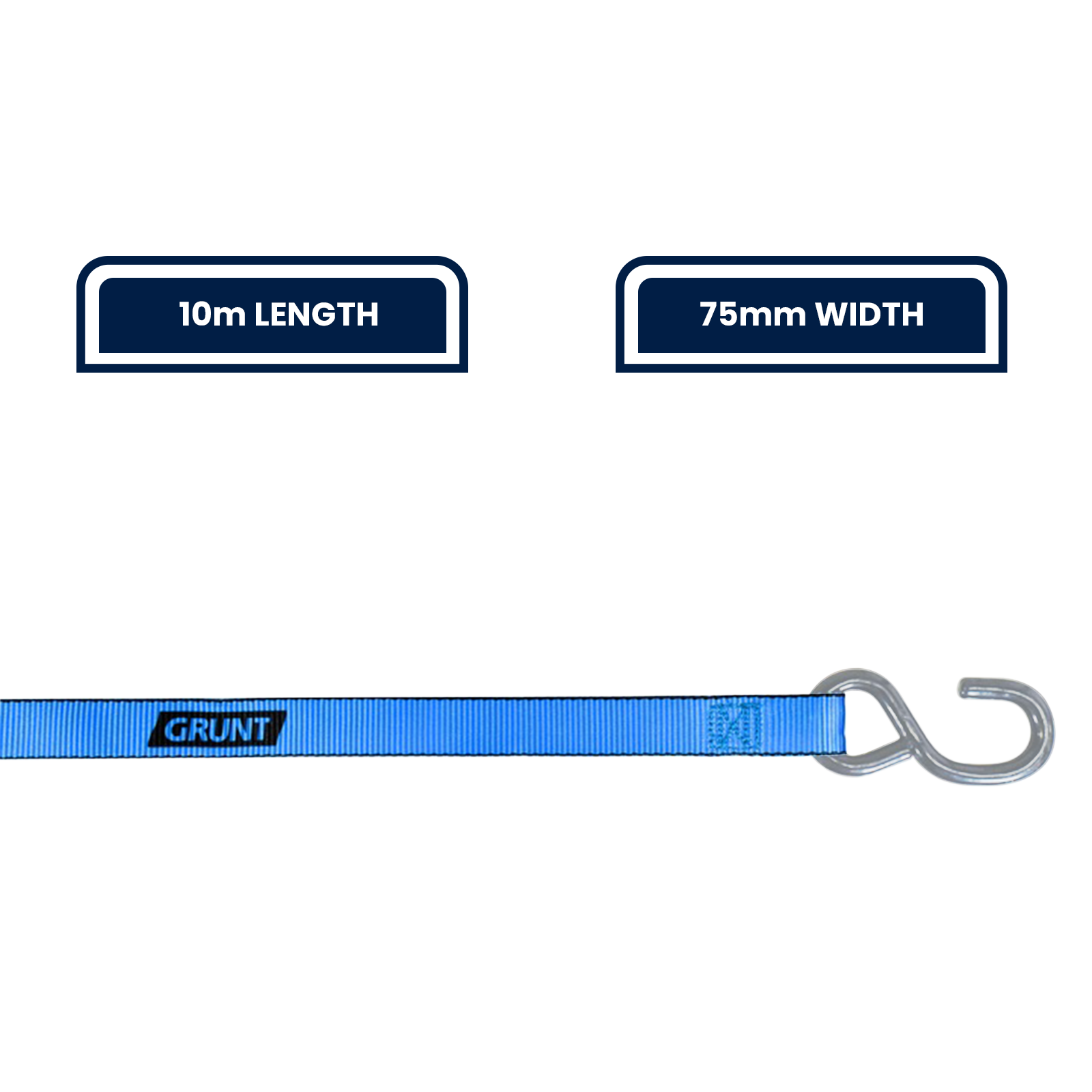 GRUNT 75mm x 10m Blue and Yellow Extreme Heavy Duty Ratchet Tie Down – maximum-strength extra-wide ratchet strap for securing excavators, machinery, and heavy plant. Top-of-range load restraint. Available at Bunnings AU and NZ.