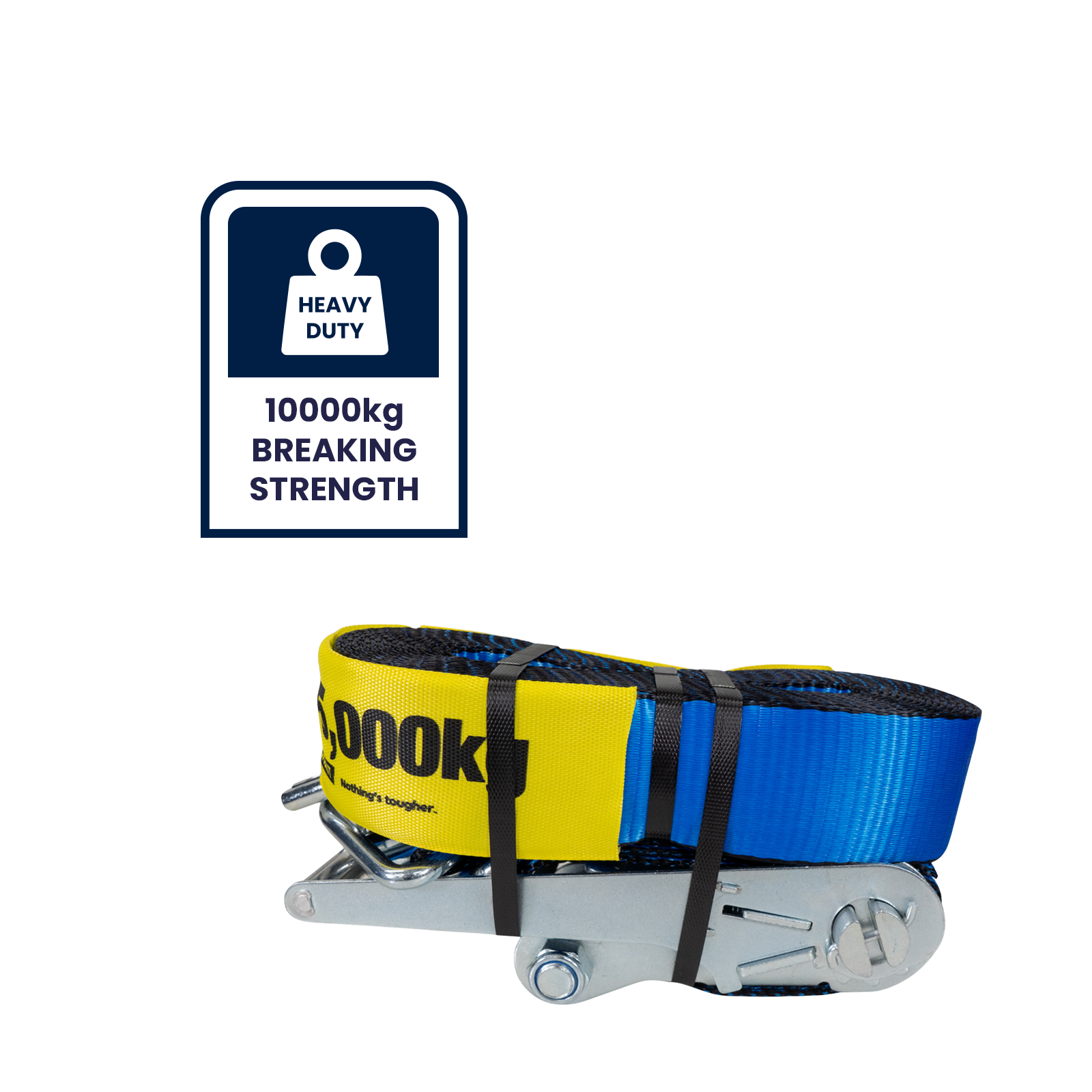 GRUNT 75mm x 10m Blue and Yellow Extreme Heavy Duty Ratchet Tie Down – maximum-strength extra-wide ratchet strap for securing excavators, machinery, and heavy plant. Top-of-range load restraint. Available at Bunnings AU and NZ.