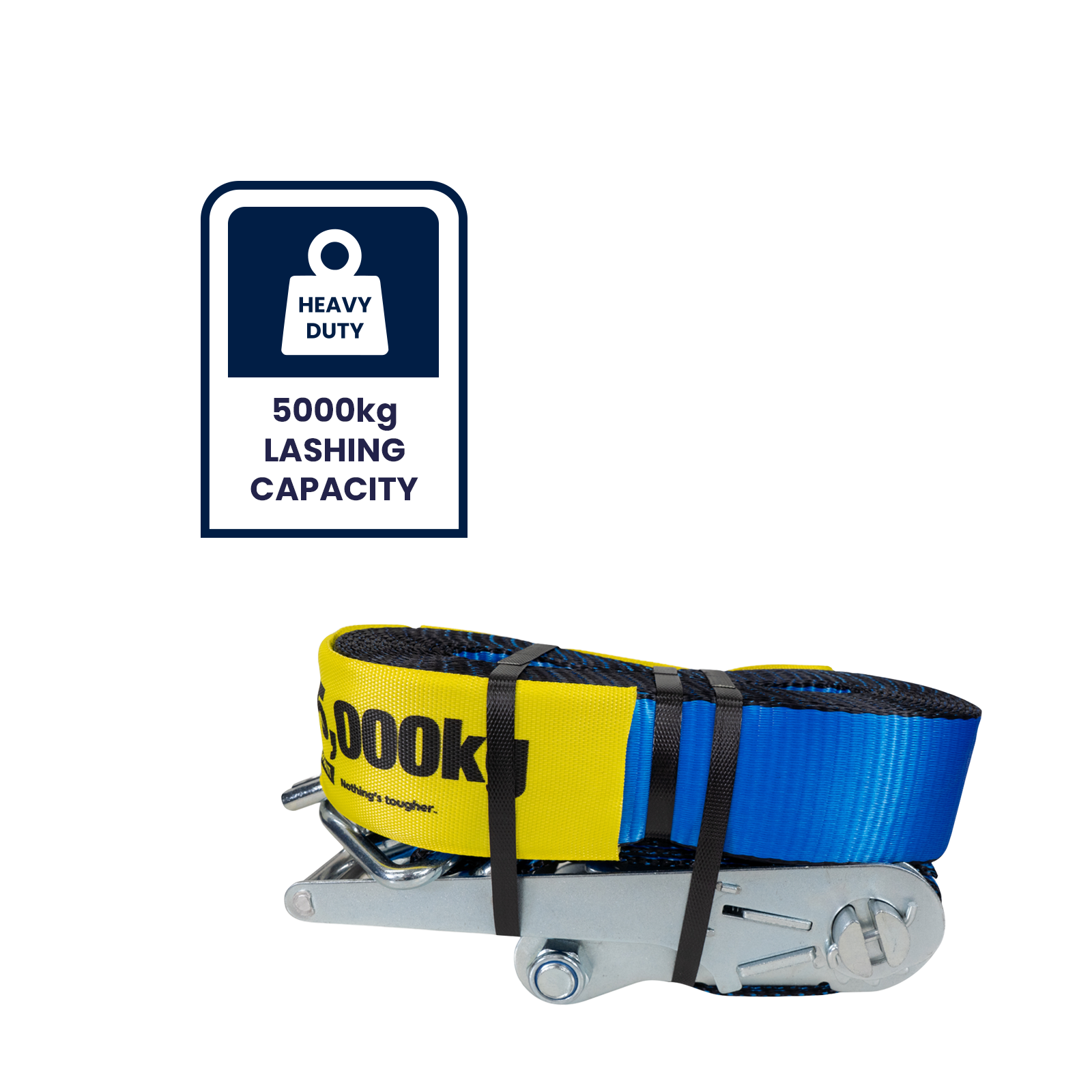 GRUNT 75mm x 10m Blue and Yellow Extreme Heavy Duty Ratchet Tie Down – maximum-strength extra-wide ratchet strap for securing excavators, machinery, and heavy plant. Top-of-range load restraint. Available at Bunnings AU and NZ.