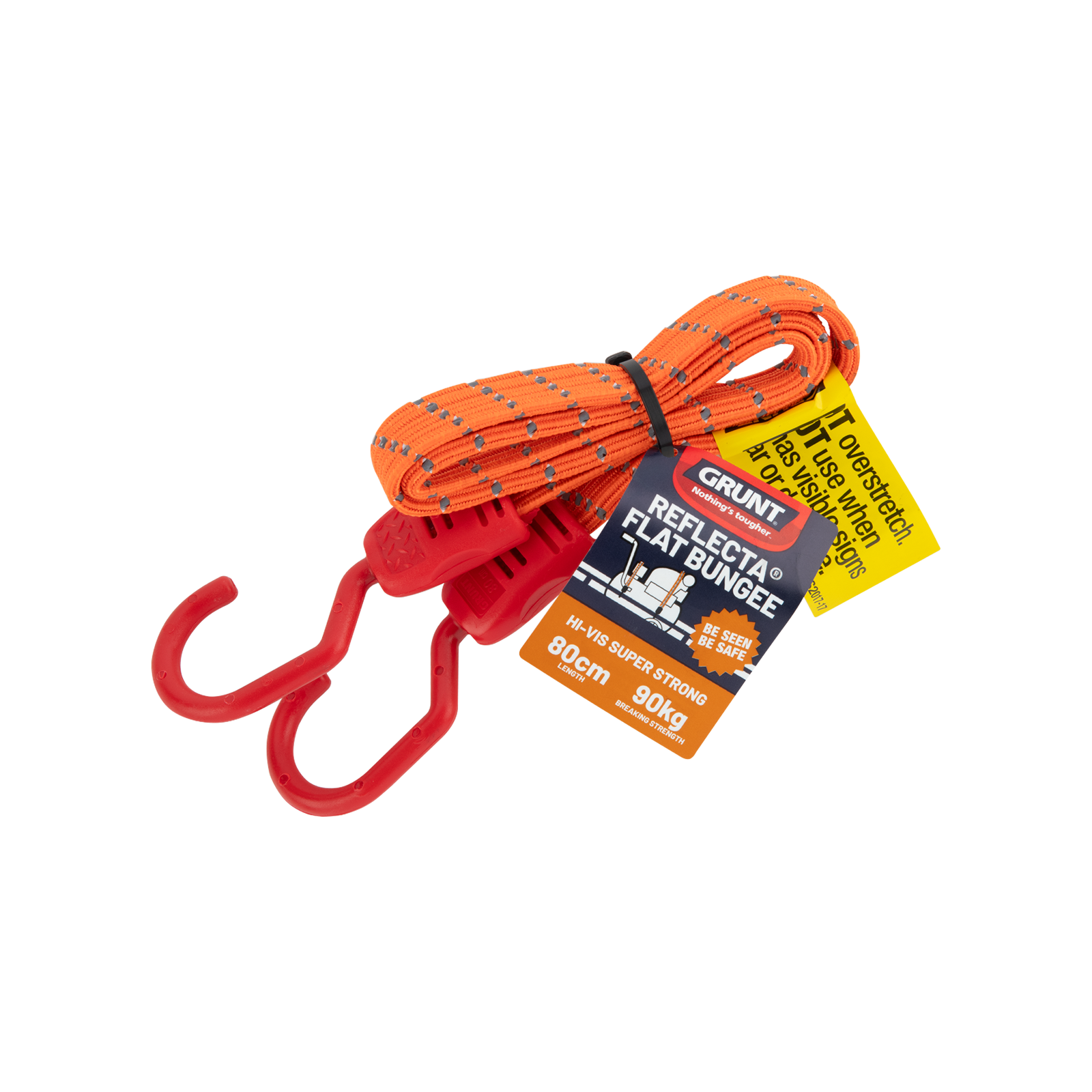 GRUNT 80cm Fluro Orange Reflecta Flat Bungee Strap – high-visibility reflective flat bungee strap for securing loads on racks, trailers, and bikes. Bright orange for day and night safety. Available at Bunnings AU and NZ.