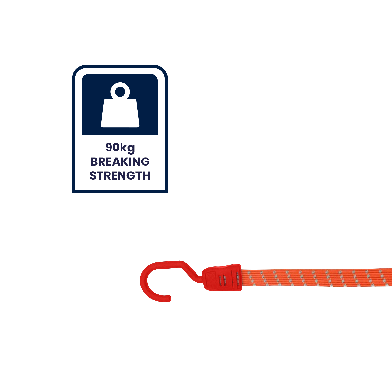 GRUNT 80cm Fluro Orange Reflecta Flat Bungee Strap – high-visibility reflective flat bungee strap for securing loads on racks, trailers, and bikes. Bright orange for day and night safety. Available at Bunnings AU and NZ.