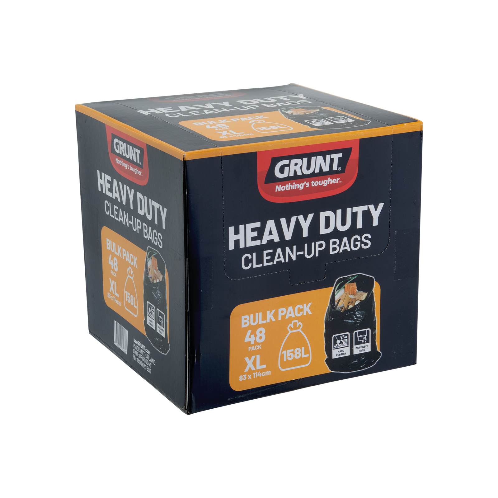 GRUNT 158L Black Heavy Duty Clean Up Bags – large heavy-duty black clean-up bags for garden waste, construction rubble, and bulk cleanup. Strong, puncture-resistant multi-layer design. Available at Bunnings NZ.