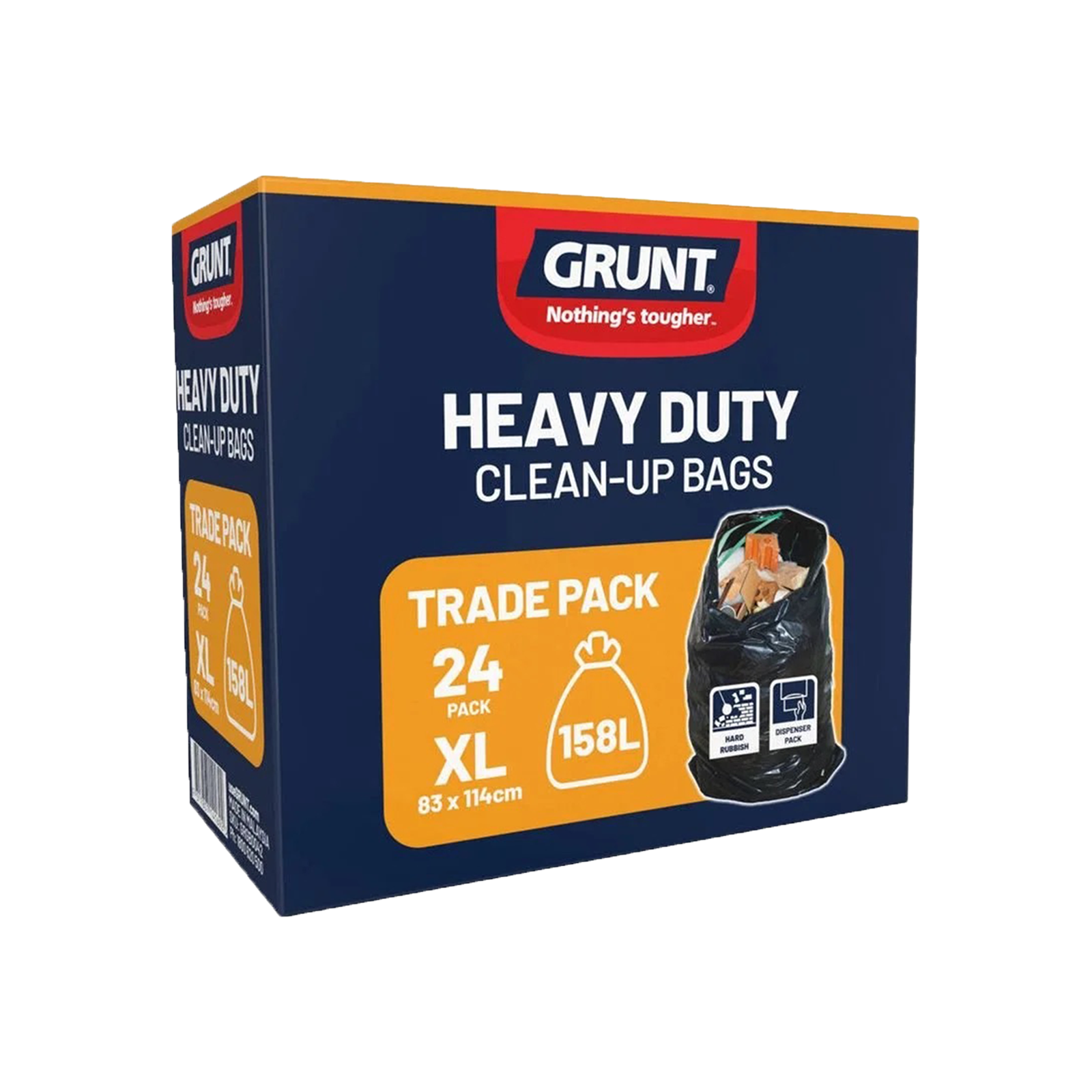 GRUNT 158L Extra Large Heavy Duty Trade Cleanup Bags 24-Pack – jumbo rubble and garden waste bags for construction, landscaping, and major cleanups. Ultra-strong multi-ply for heavy-duty tradie use. Available at Bunnings AU and NZ.