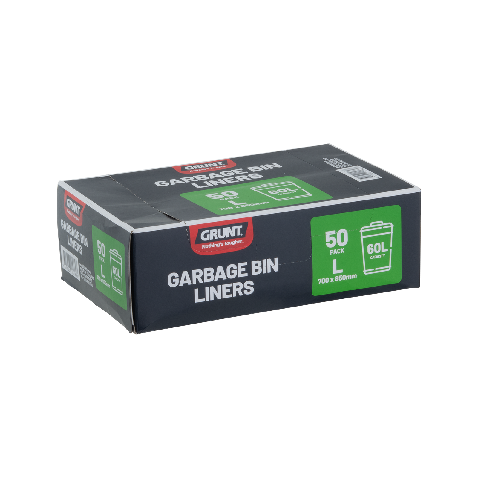 GRUNT 60L Black Rubbish Bags 50-Pack – value-pack strong black bin liners for indoor and outdoor 60L bins. Durable, thick, and reliable for everyday household waste disposal. Available at Bunnings AU and NZ.