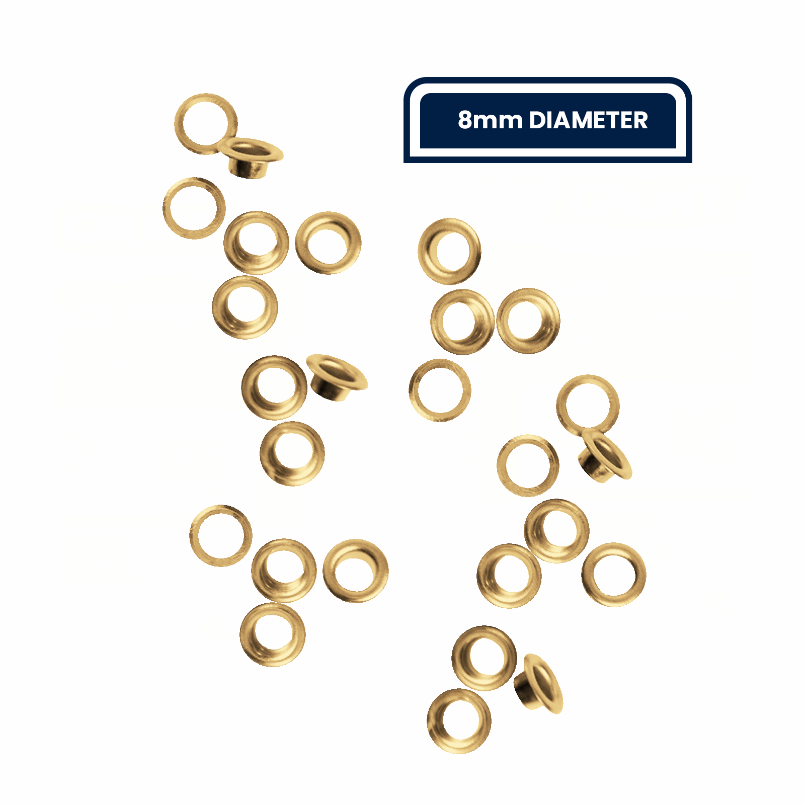 GRUNT 8mm Brass Plated Grommet 50-Pack – bulk pack of gold-finish brass-plated grommets for reinforcing holes in tarps, canvas, fabric, and webbing. Corrosion-resistant and easy to install. Available at Bunnings AU.