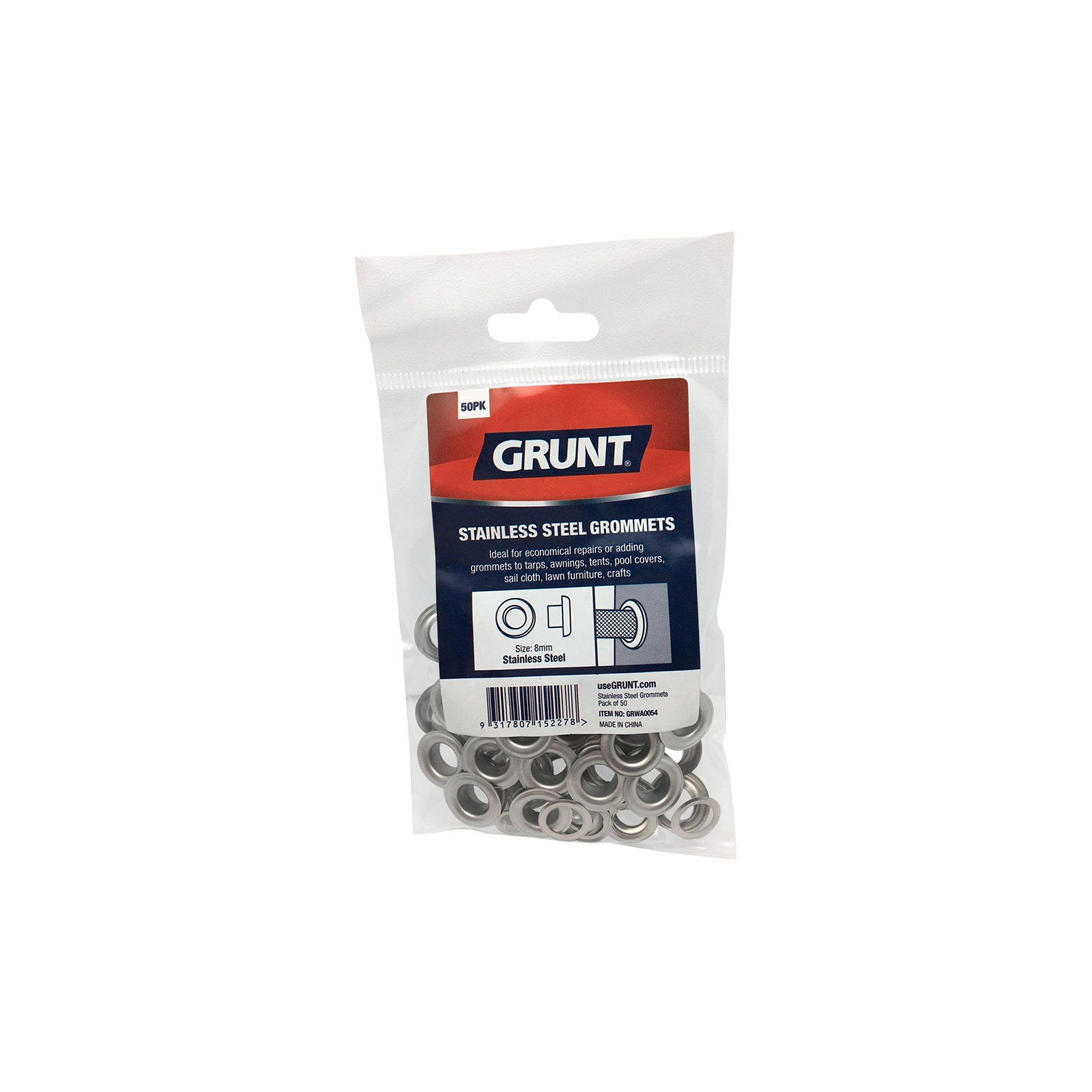 Grunt 8mm Stainless Steel Webbing Accessory Grommet 50 - Pack