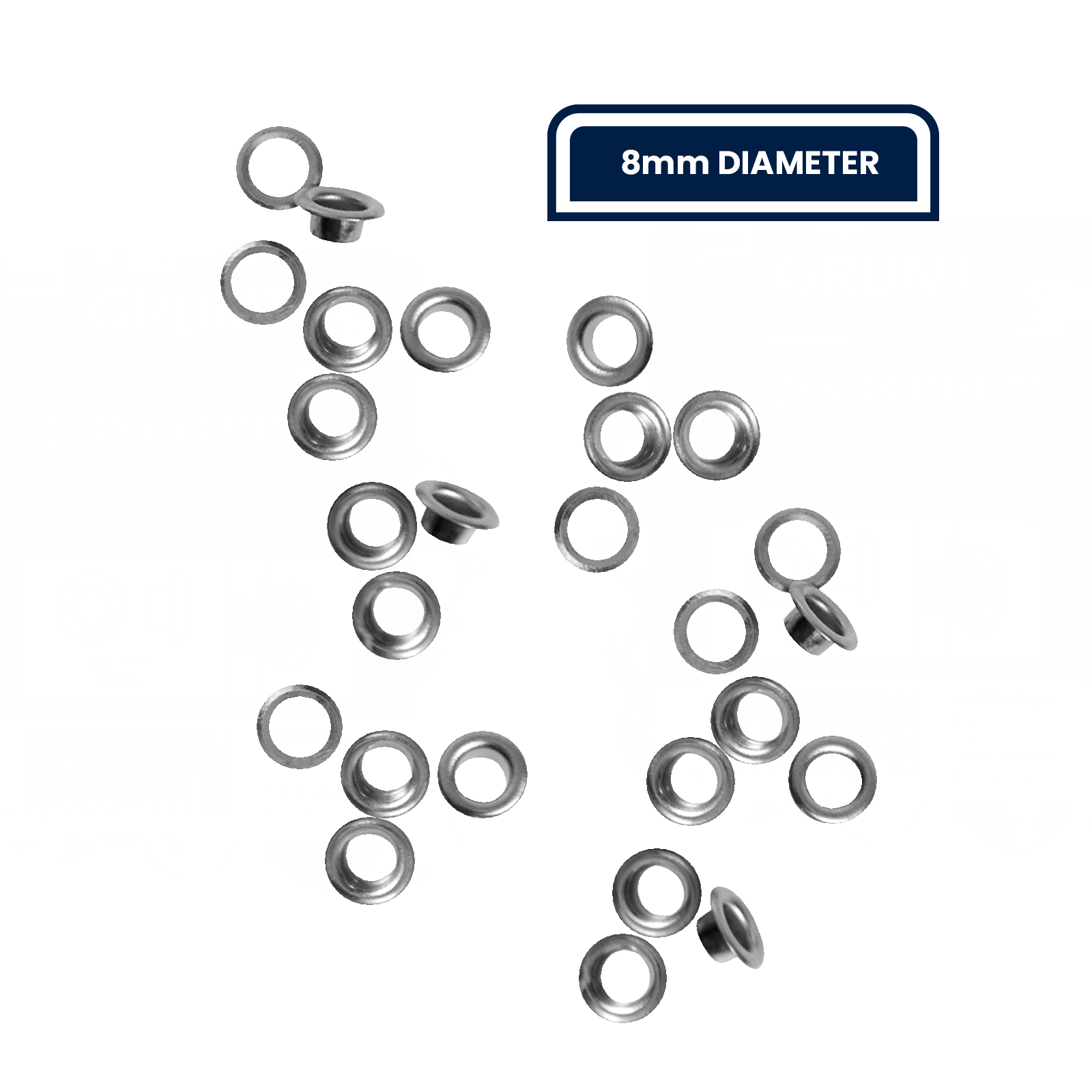 GRUNT 8mm Stainless Steel Grommet 50-Pack – rust-proof marine-grade stainless steel grommets for tarps, canvas, webbing, and fabric reinforcement. Corrosion-resistant for outdoor and marine use. Available at Bunnings AU and NZ.