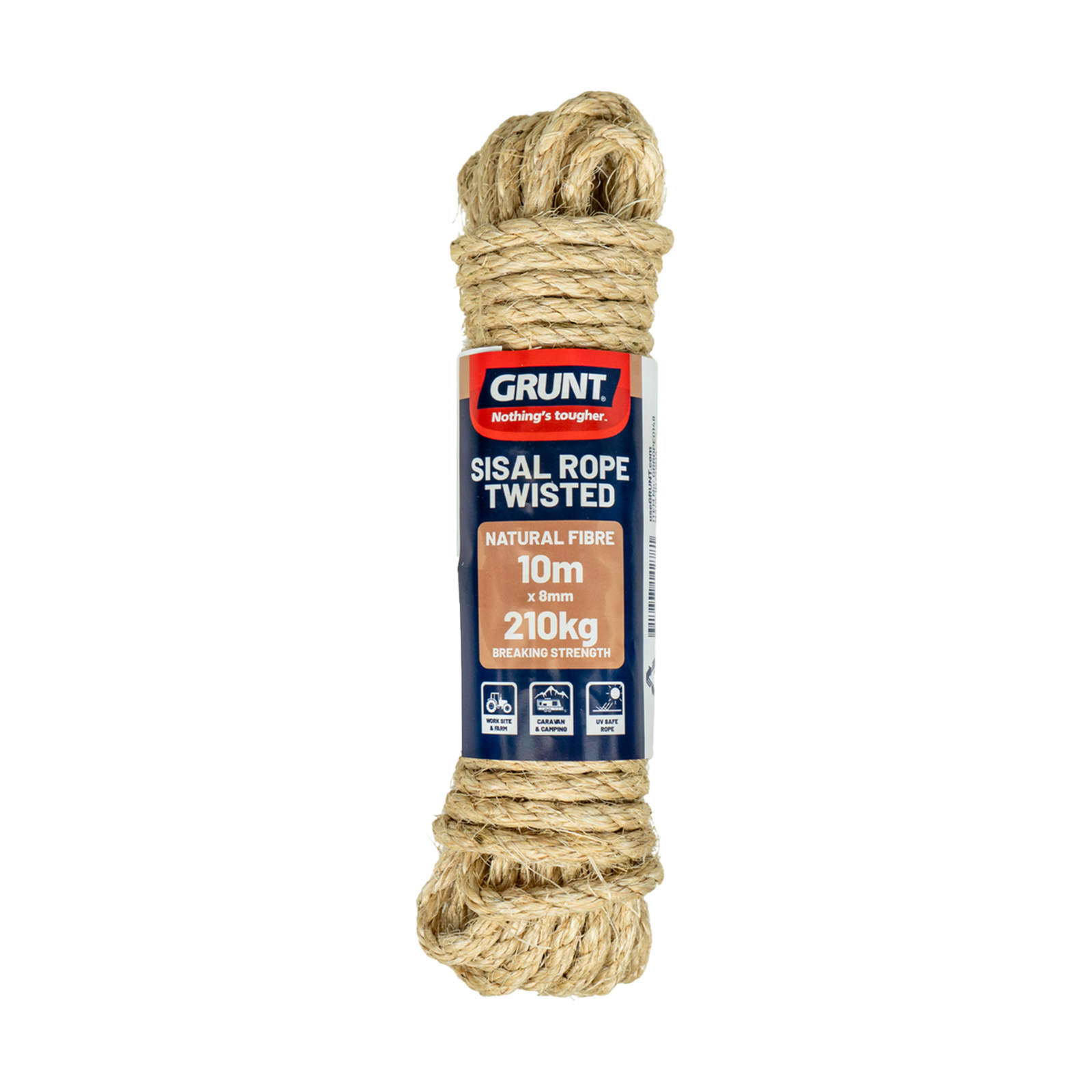 GRUNT 8mm x 10m Natural Sisal Twisted Rope – medium-thick biodegradable sisal rope for cat trees, garden ties, nautical decor, and craft projects. Eco-friendly natural fibre. Available at Bunnings AU and NZ.