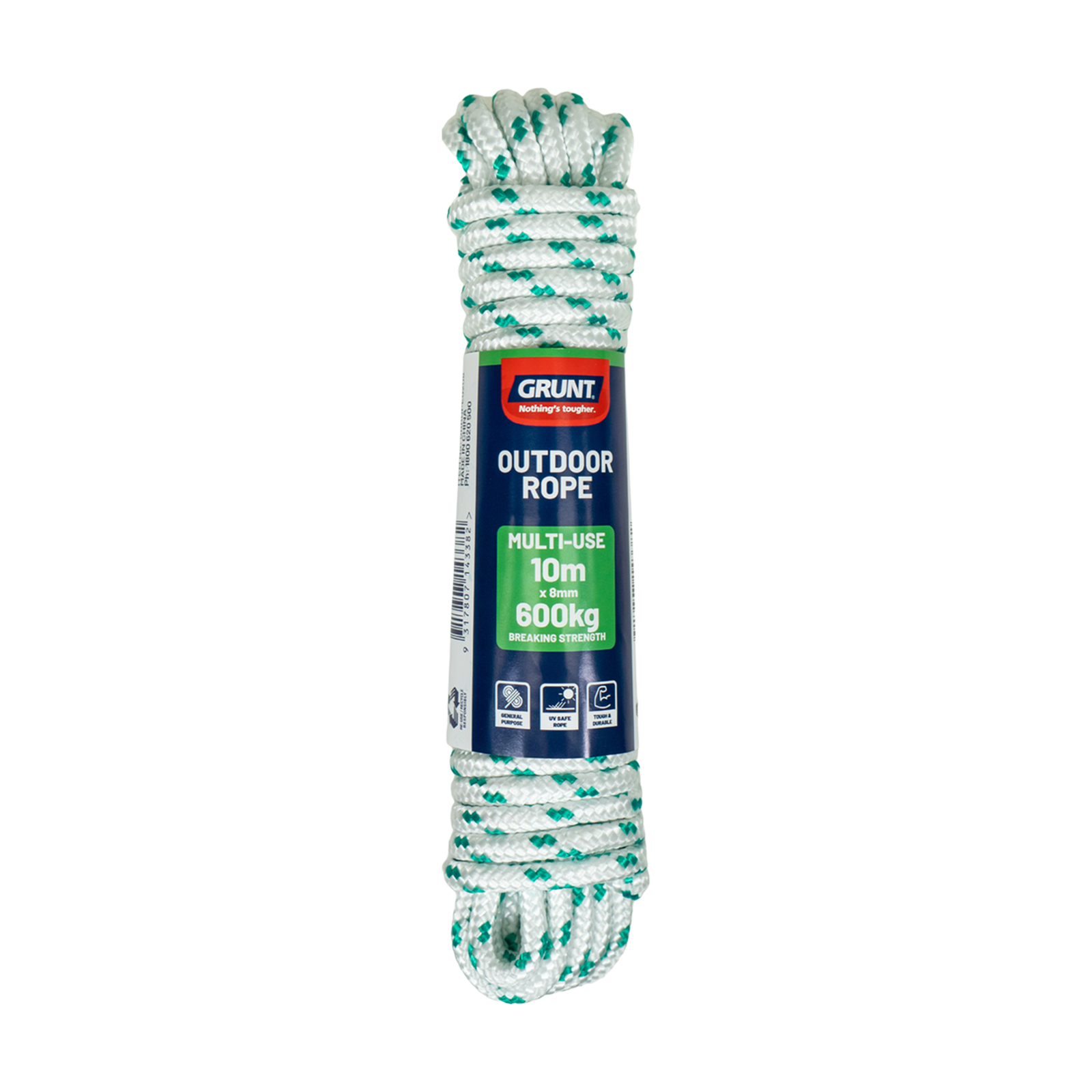 GRUNT 8mm x 10m White and Green Outdoor Rope – strong twisted rope for tying, bundling, and securing loads outdoors. Ideal for DIY and tradie use. Available at Bunnings AU and NZ.