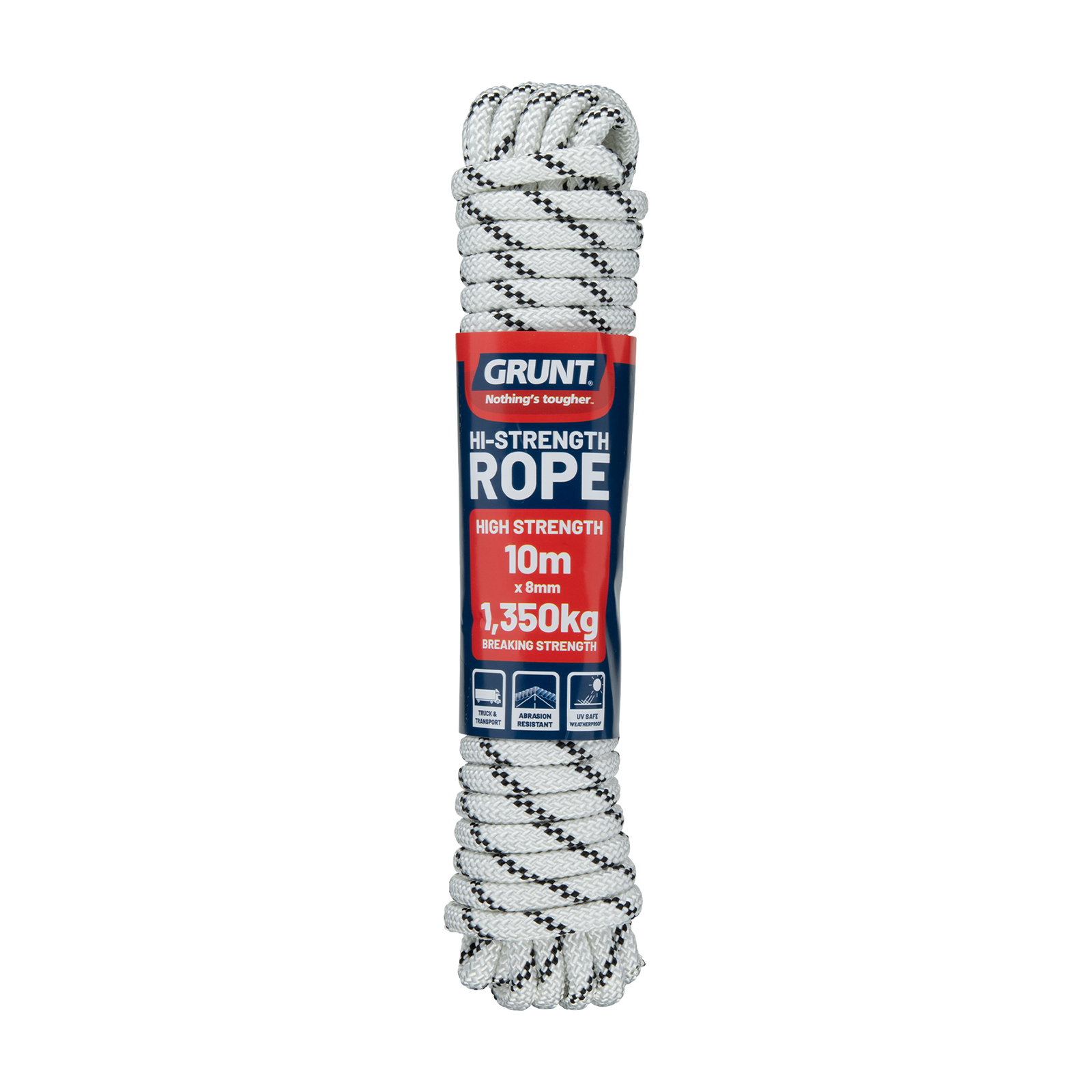 GRUNT 8mm x 10m White High Strength Rope – heavy-duty UV-resistant rope for load securing, outdoor, and construction applications. High breaking strength for professional use. Available at Bunnings AU and NZ.