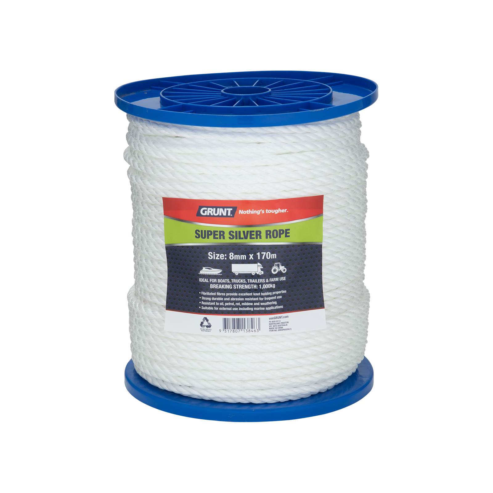 GRUNT 8mm x 170m White Super Silver Rope – heavy-duty bulk reel of UV-stable polypropylene rope for construction, fencing, and outdoor commercial applications. High tensile strength for demanding jobs. Available at Bunnings AU.