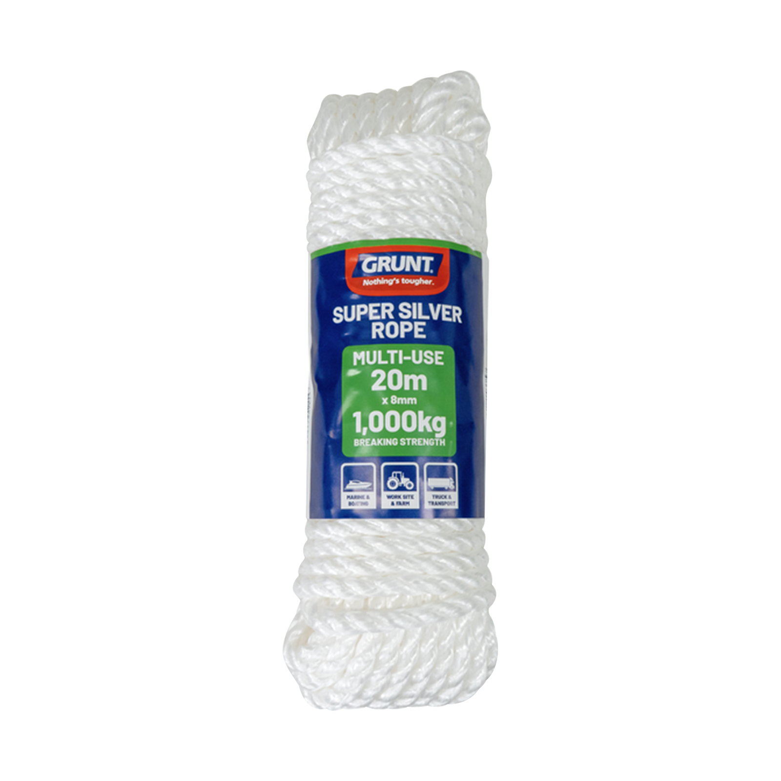 GRUNT 8mm x 20m White Super Silver Rope – heavy-duty UV-resistant polypropylene rope for load securing, outdoor, and construction tasks. High working load for tradie and DIY projects. Available at Bunnings AU and NZ.