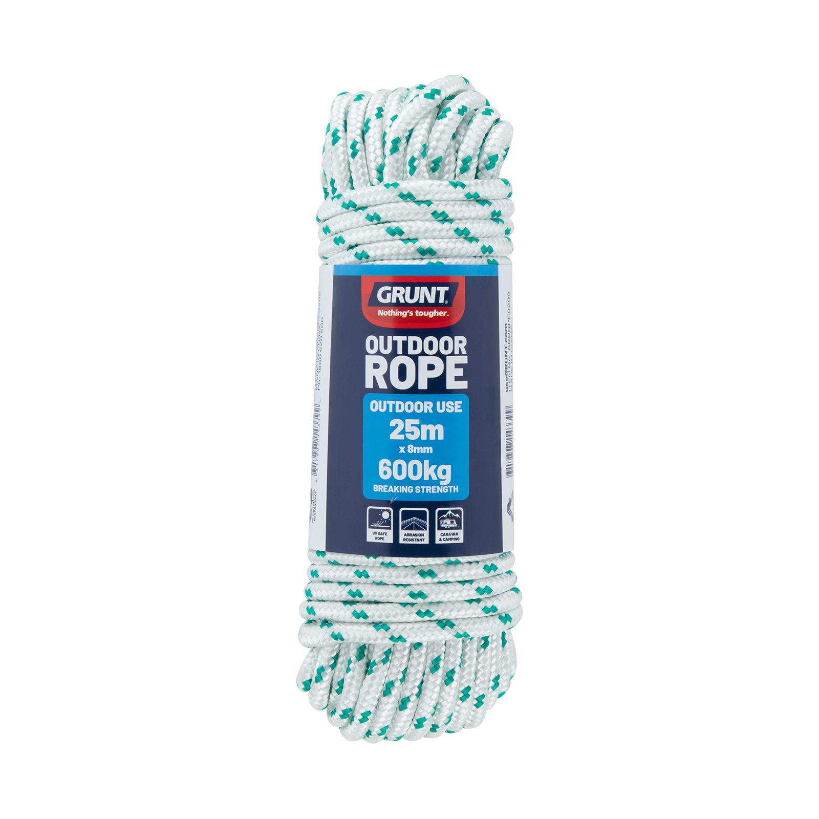 GRUNT 8mm x 25m White and Green Outdoor Rope – UV-stabilised polypropylene rope for outdoor, marine, and construction use. High-strength, long-length rope for professionals and DIYers. Available at Bunnings AU and NZ.
