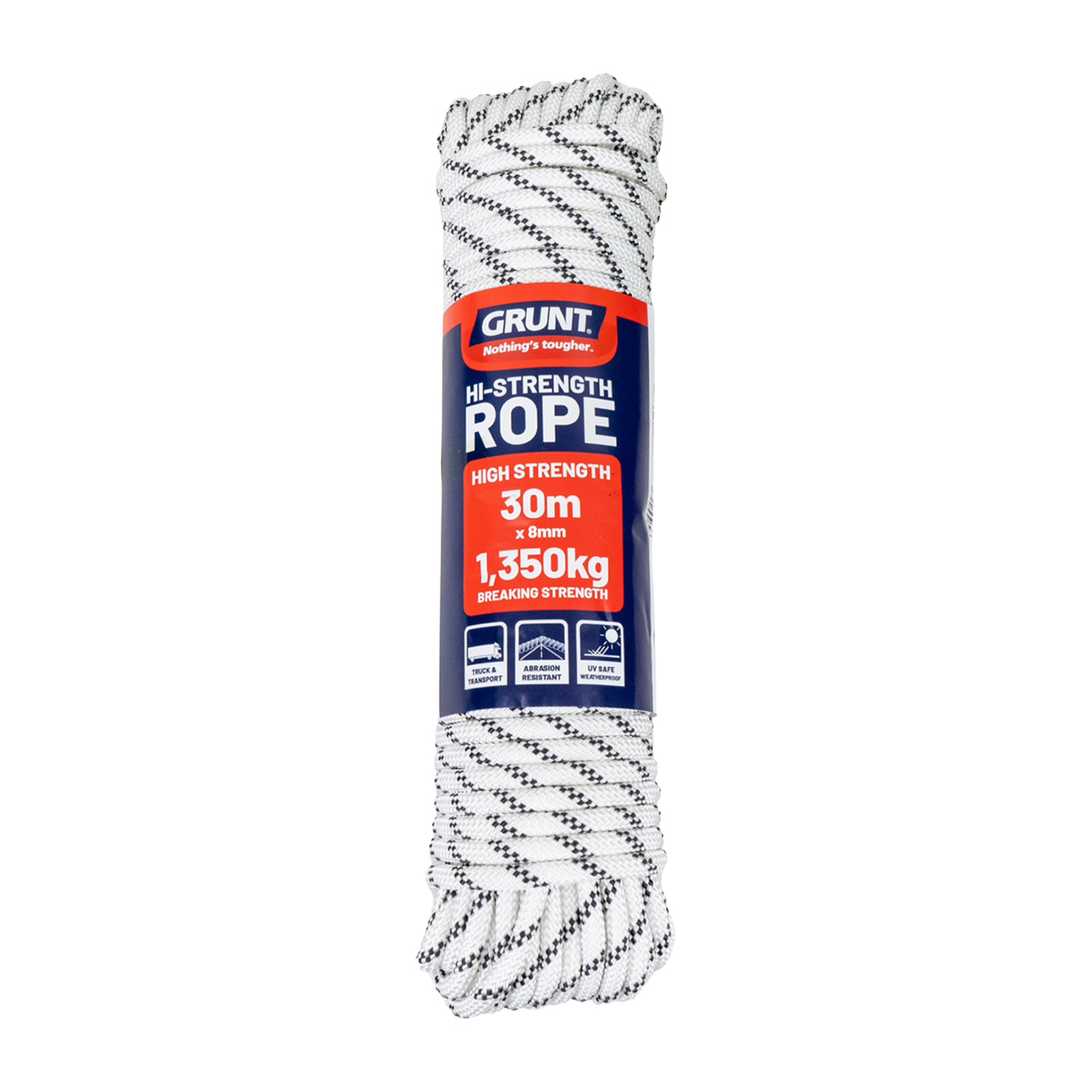 GRUNT 8mm x 30m White High Strength Rope – long-length high-tensile polypropylene rope for heavy-duty outdoor, marine, and construction use. UV-stable and durable. Available at Bunnings AU and NZ.
