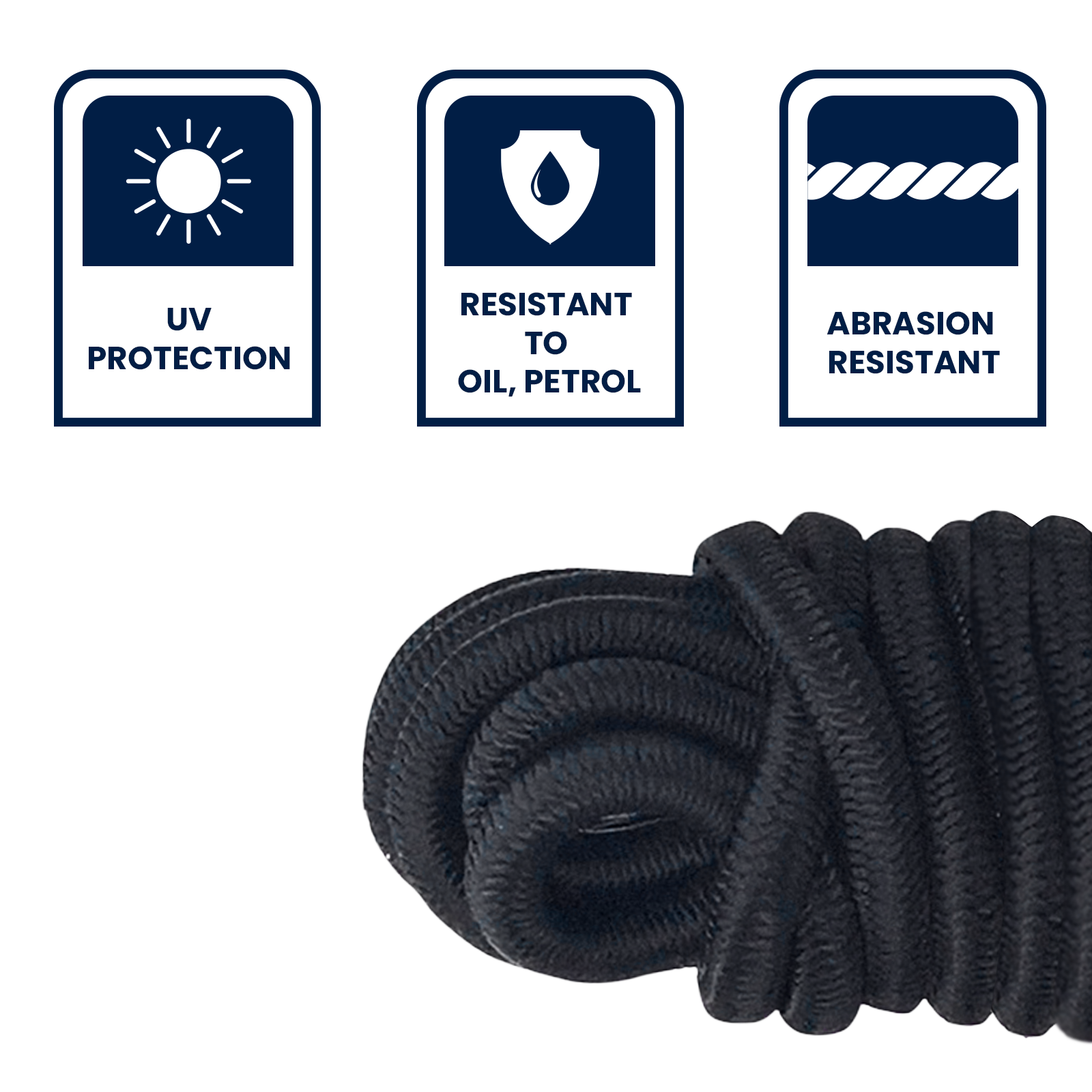 GRUNT 8mm x 5m Black Shock Cord – thick elastic shock cord for heavy-duty securing, boat canvas, and outdoor applications. High-stretch natural rubber core with braided cover. Available at Bunnings AU and NZ.