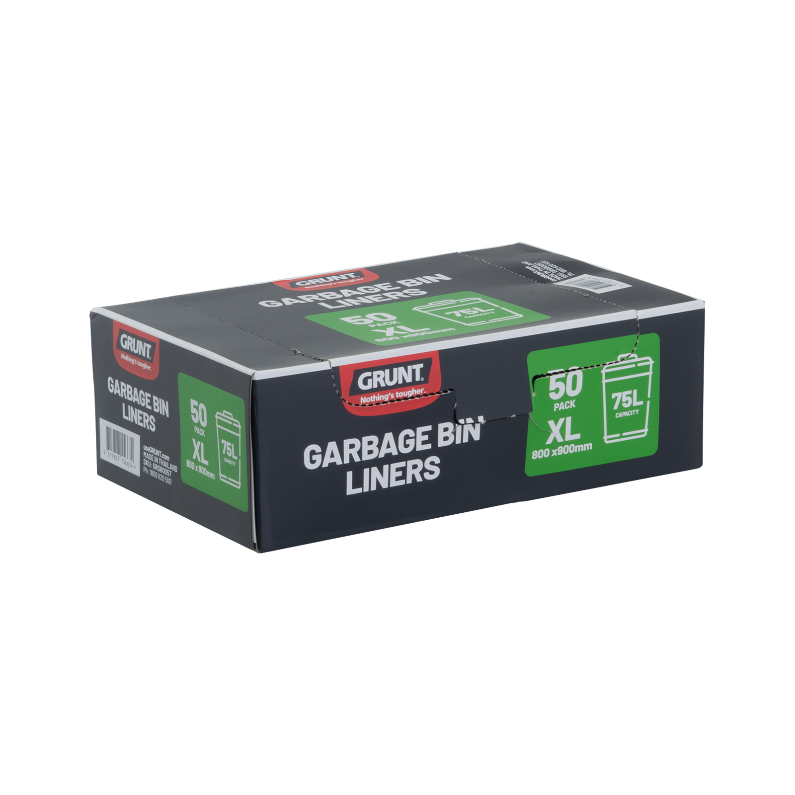 GRUNT 75L Black Rubbish Bags 50-Pack – bulk-pack heavy-duty bin liners for 75L bins. Tear-resistant and dependable for large household and light commercial waste. Available at Bunnings AU and NZ.