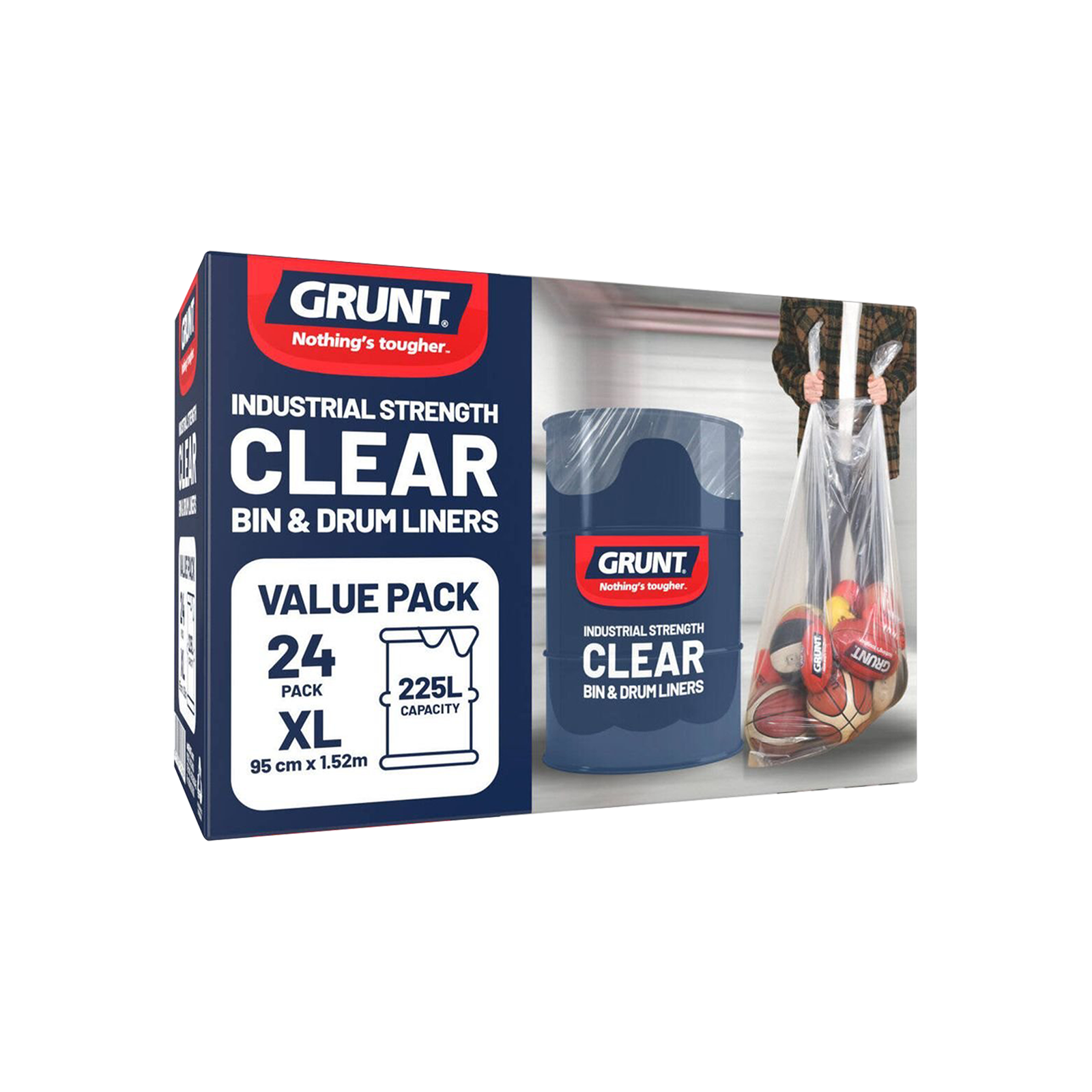 GRUNT 225L Clear Heavy Duty Bags – extra-large transparent heavy-duty bags for bulk waste, storage, and packing. See-through design for easy content identification on-site or at home. Available at Bunnings AU and NZ.