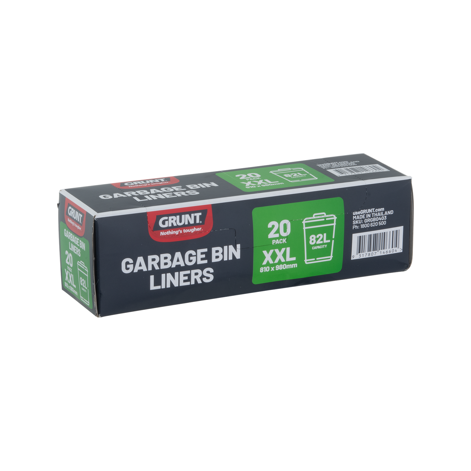 GRUNT 82L Large Garbage Bin Liners 20-Pack – strong bin liners for large indoor and outdoor garbage bins. Leak-resistant and durable for home and commercial use. Available at Bunnings AU.