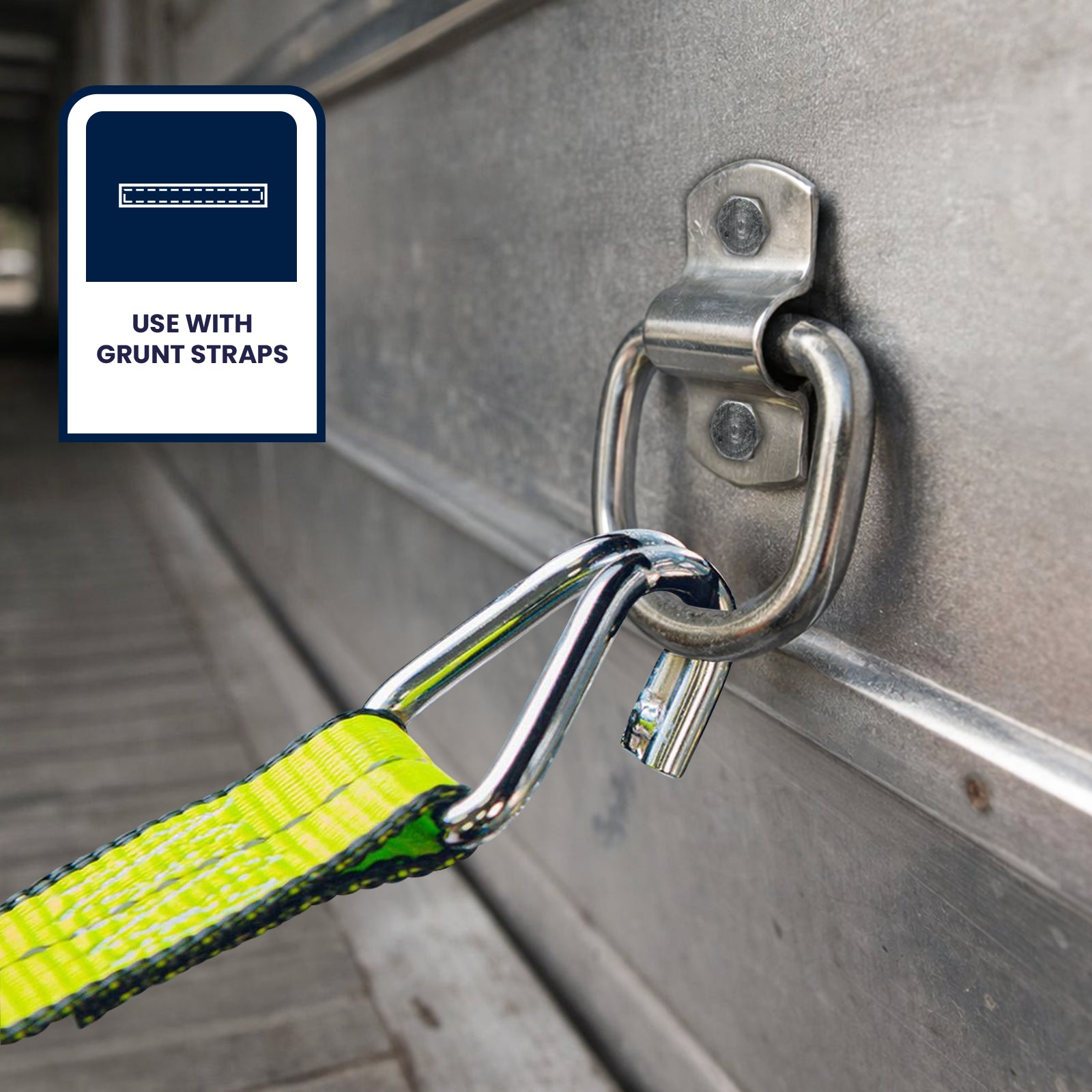 GRUNT Galvanised Steel Heavy Duty Ring Anchor Point – corrosion-resistant steel ring for trailer, ute tray, and vehicle load securing. High working load limit for professional tie-down use. Available at Bunnings AU and NZ.
