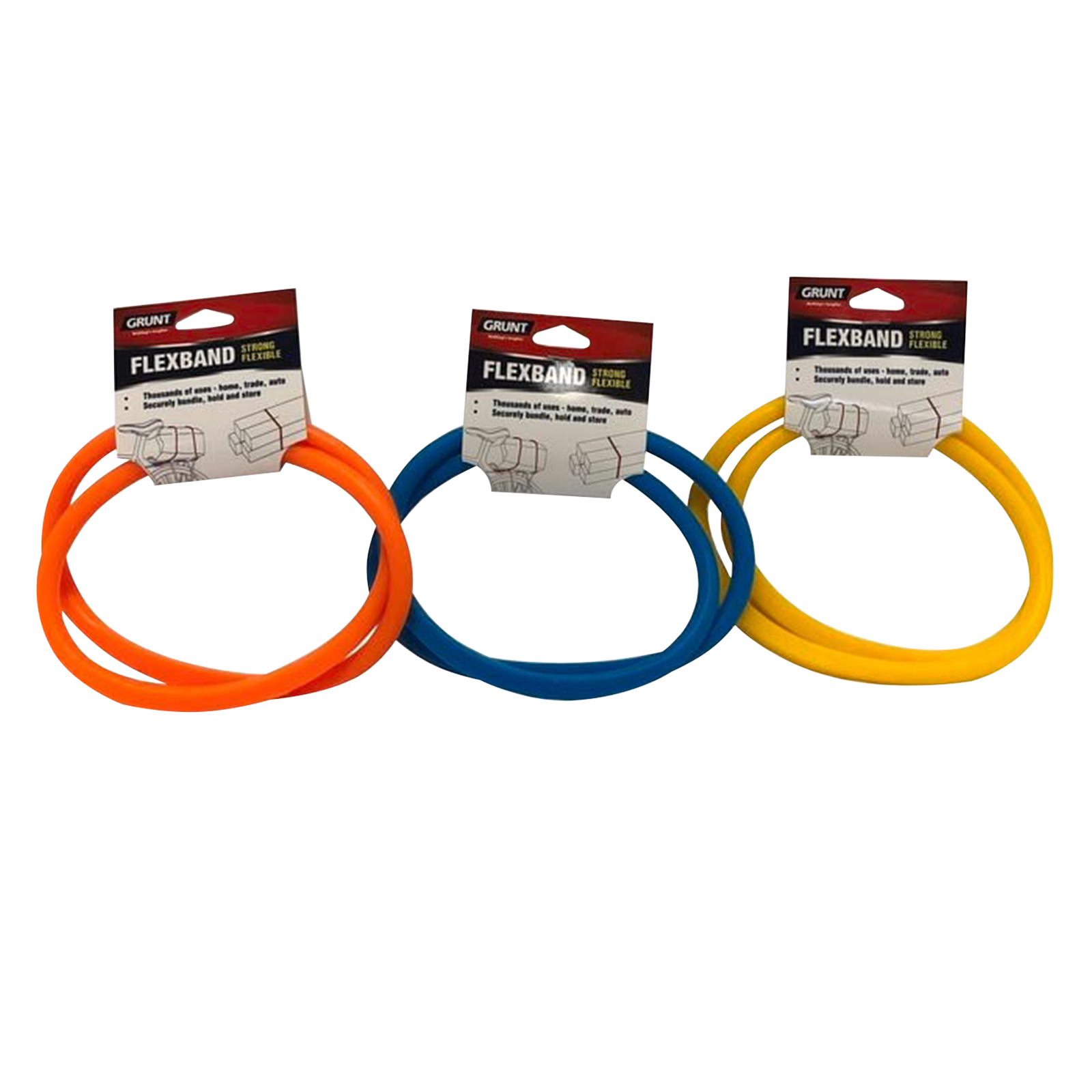 GRUNT Multicolour Flexband – flexible and reusable elastic band for securing, bundling, and organising tools, cables, and equipment. Versatile multi-purpose stretch band. Available at Bunnings AU and NZ.