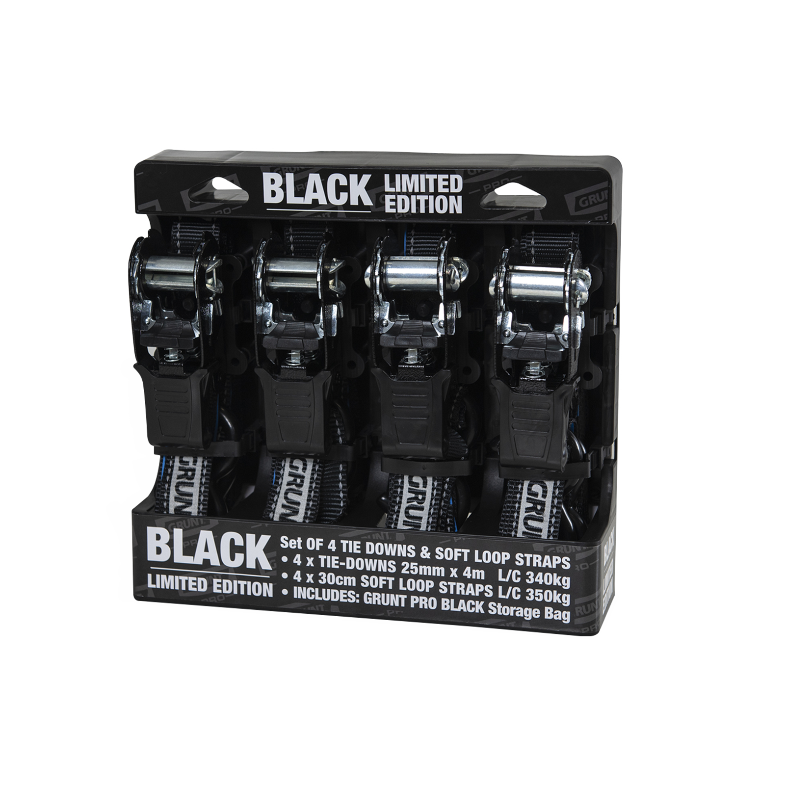 GRUNT Pro 25mm x 4m Black Ratchet Tie Down Straps 4-Pack – professional value 4-pack of ratchet straps for securing bikes, light cargo, and equipment on trailers. Reliable and compact. Available at Bunnings NZ.