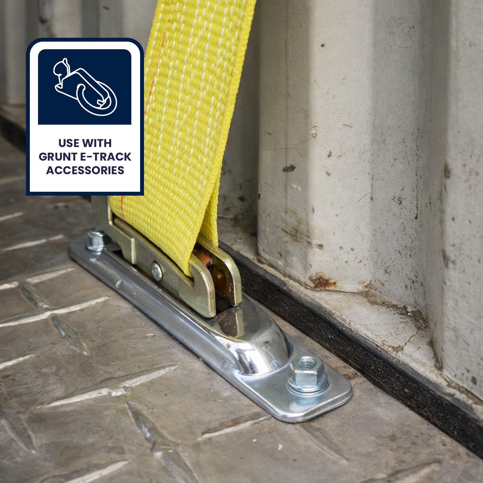 GRUNT Single Silver E Track Space Saver Plate – compatible E-Track accessory for trailer and van cargo control systems. Maximises load space and enables flexible tie-down attachment points. Available at Bunnings AU and NZ.