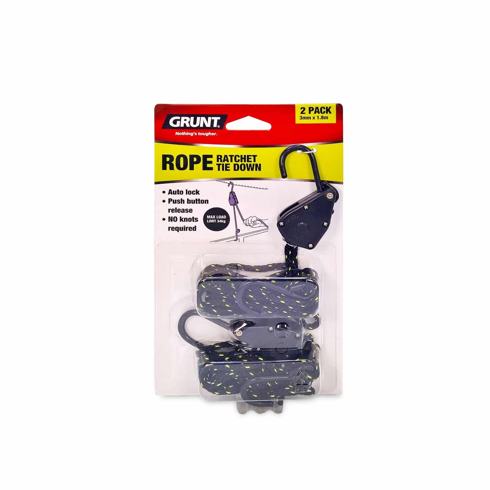 GRUNT 3mm x 180cm Rope Ratchet Tie Downs – 2 Pack – GRUNT
